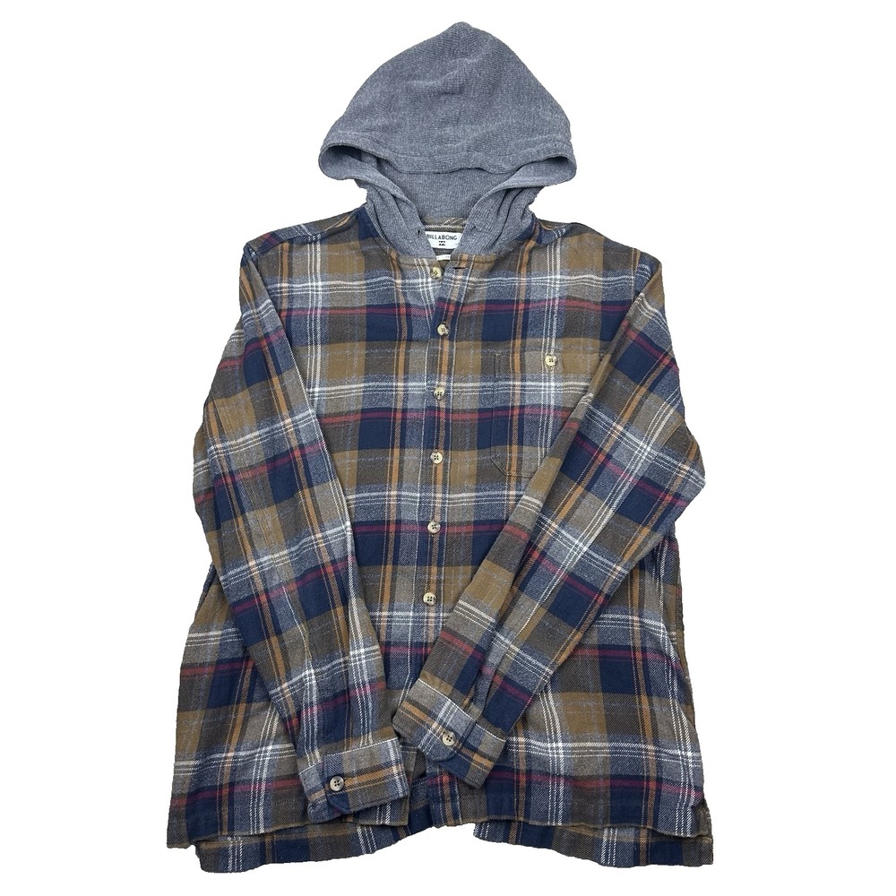 Billabong Baja Flannel Hoodie Shacket L Plaid Core Fit Stretch Brown Blue Red - Picture 1 of 13